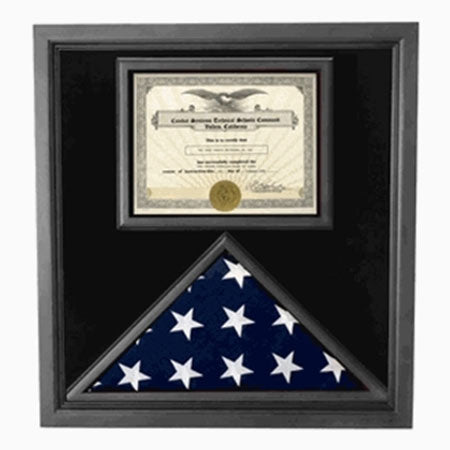 Flag and Certificate Case Black Frame, with Certificate Holder American Made - Material and Size. - The Military Gift Store
