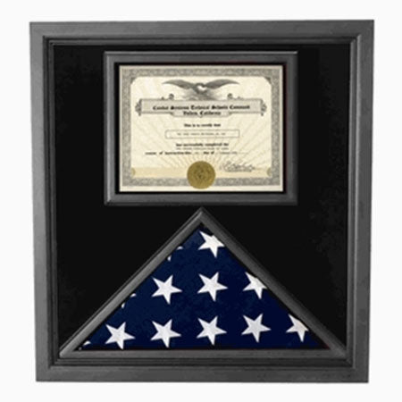 Flag and Certificate Case Black Frame, flag certificate holder, Flag and Certificate Case Black Frame, with certificate holder, The Military Gift Store, Flag and Document Display Case
