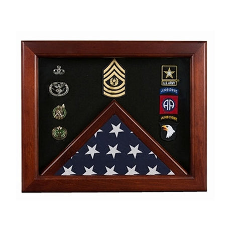 Military Flag medal display case, Mahogany wood, shadowbox holds a 3 in. x 5 in. flag.