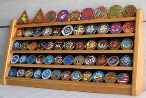 Flag Connections 5 Rows Challenge Coin Holder Display Stand, Solid Wood, (Oak Finish)