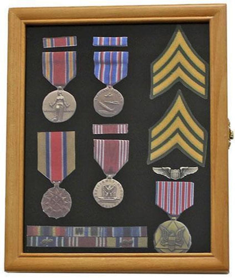 Flag Connections Pin Display Case Jewelry Shadow Box, with glass door, wall mount, Oak Finish