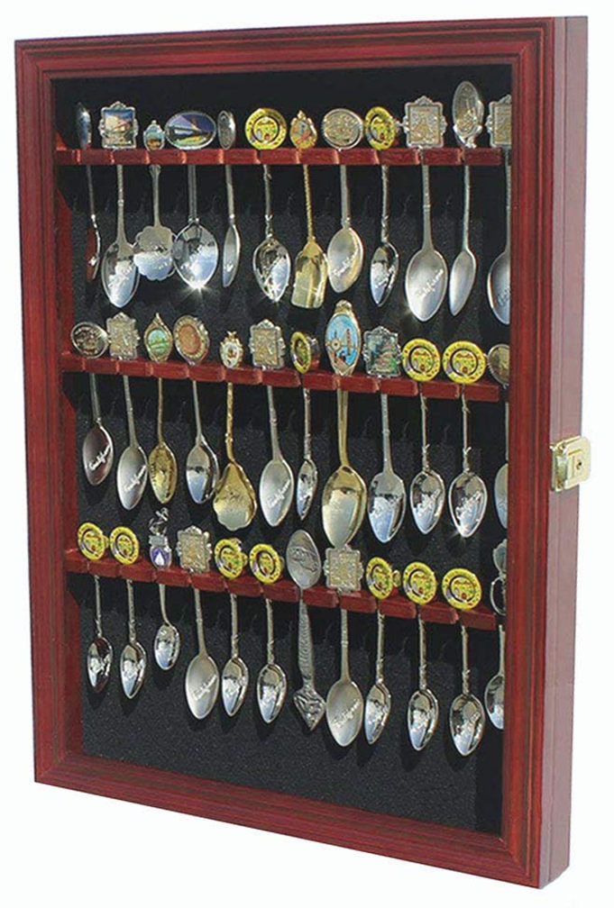 Tea Spoon Souvenir Spoon Display Case Rack Cabinet, Real Glass Door, (Cherry Finish)