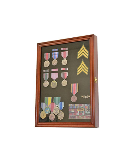 Walnut Finish Display Case Wall Frame Cabinet for Military Medals, Pins, Patches, Insignia.