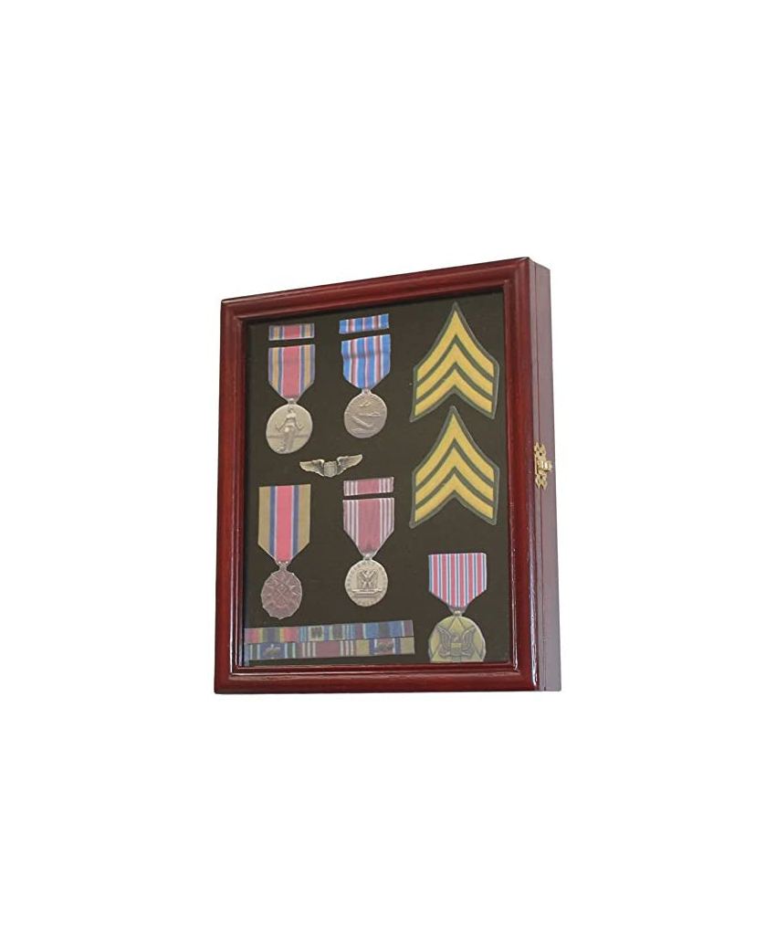 Display Case Cabinet Shadow Box for Military Medals, Pins, Patches, Insignia, Ribbons cherry finish