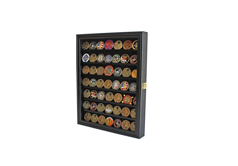 Challenge Coin / Casino Chip Display Case Cabinet Holder Shadow Box, Glass Door, Black - 7 shelves, Challenge Coin / Casino Chip Display Case Cabinet Holder Shadow Box, The Military Gift Store, Challenge COIN DISPLAY STANDS - Coin Display Rack