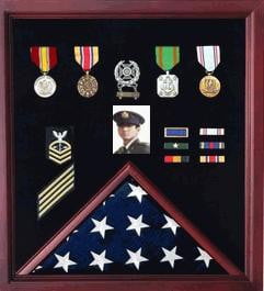 Veterans flag , photo, Medal display case.