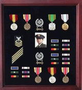 Extra Large Medal Display Case Cherry Finish, Red, Blue, Green, Black or Maroon Background, Extra Large Medal Display Case Cherry Finish, Red, Blue, Green, Black, The Military Gift Store, Flag and Medal Display Cases