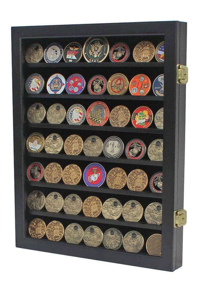 Military Challenge Coin Display Case Cabinet Poker Chip Rack Wood Cabinet, Glass Door...