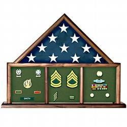 Walnut Three Bay Mantle Flag Display Case available in black, navy blue, red, and maroon
