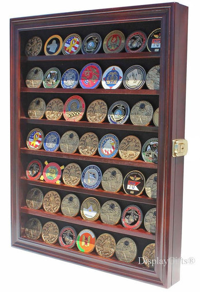 Lockable Military Challenge Coin Display Case Cabinet Rack Holder (Mahogany Finish)