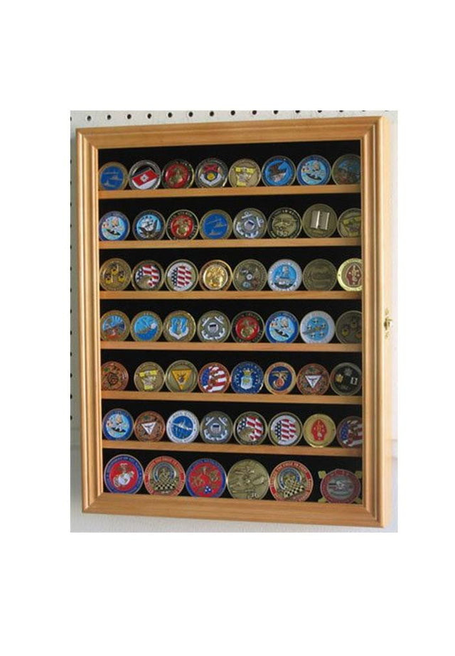 Lockable Military Challenge Coin Display Case Cabinet Rack Holder (Oak Finish)