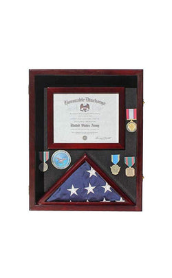 Flag Display Case Medal Shadow Box with Certificate & Document Holder