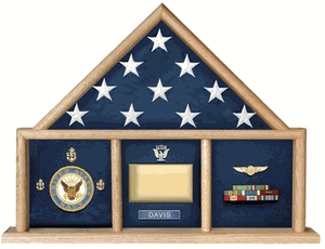 Oak 3 X 5 flag memorial case displaying medals, rank insignia