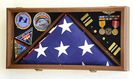 Large Flag & Medals Military Pins Patches Insignia Holds up to 5x9 Flag (Walnut Finish)